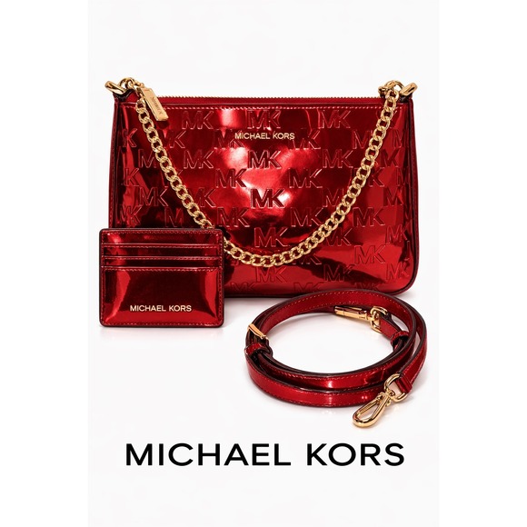 Michael Kors Metallic Red Patent Leather Crossbody Bag and Card Case